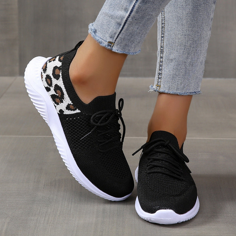 Women's Casual Sneakers, Flying Woven Leopard Pattern Breathable Lace-up Running Shoes, Women's Footwear plus size